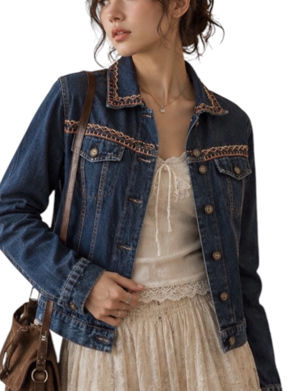 Japanese Indie Boho Embroidered Denim Jacket Cottagecore Y2K XS / S